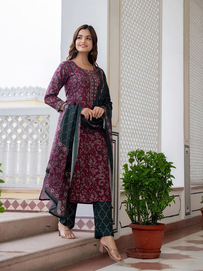Dhiyona KL Floral Printed Notch Neck Straight Kurta With Trousers & Dupatta