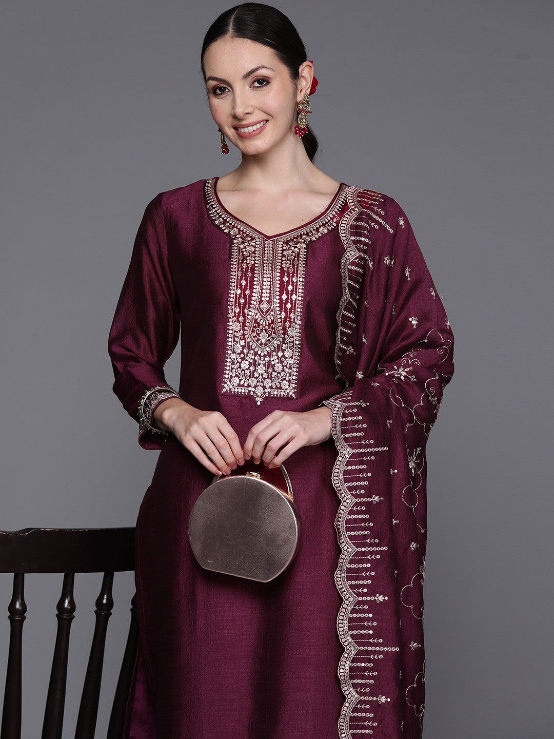 Ethnic Motifs Embroidered Sequinned Kurta with Trousers & With Dupatta
