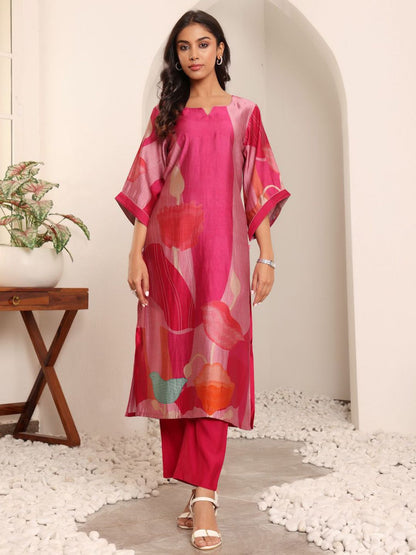 Fuchsia Abstract Printed Notch Neck Chanderi Silk Straight Kurta With Trousers