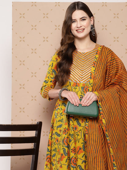 Dhiyona KL Pure Cotton Floral Printed Anarkali Gotta Patti Kurta With Trousers & With Dupatta
