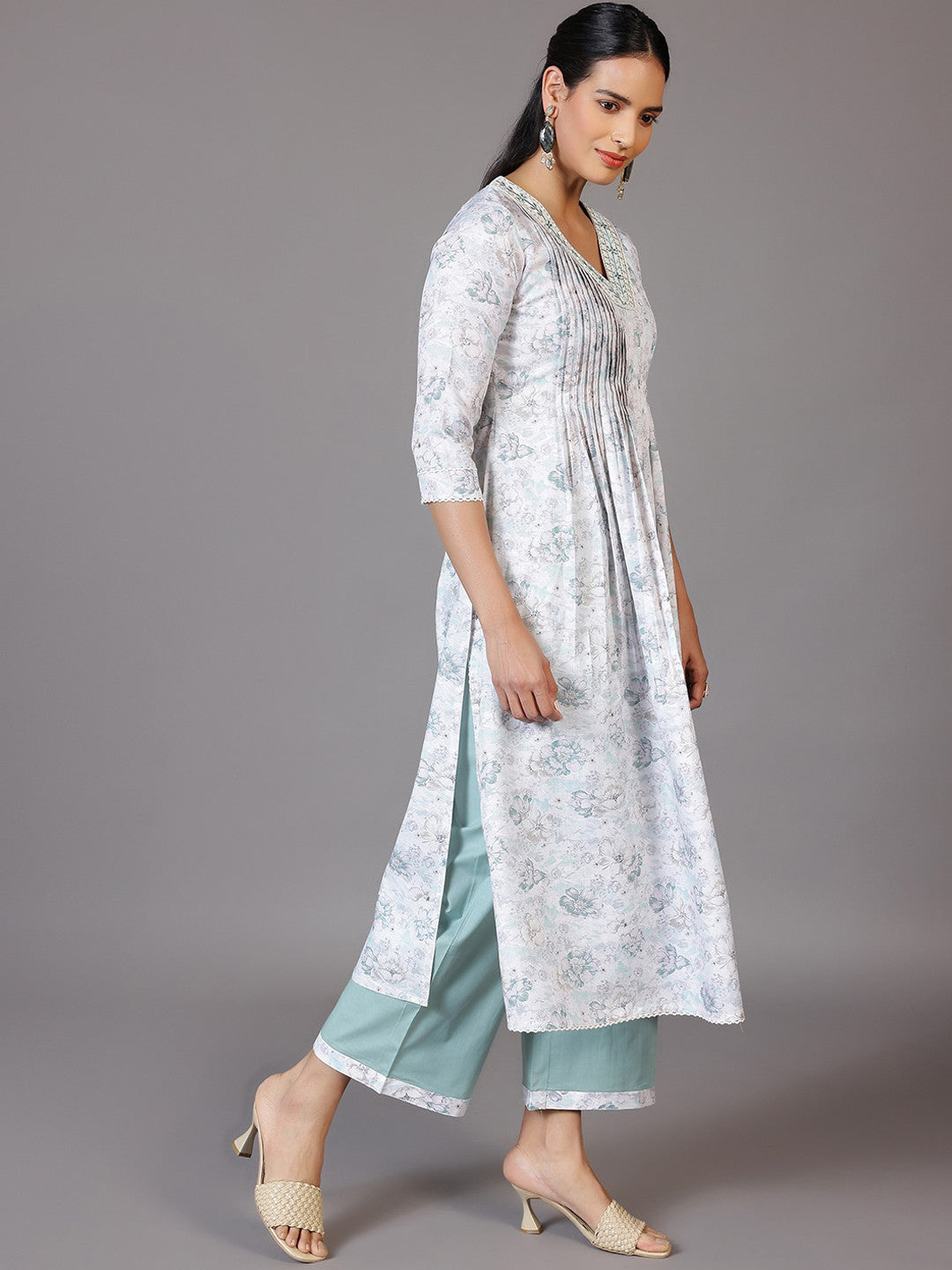 Floral Printed Pleated A-Line Kurta With Palazzos & Dupatta