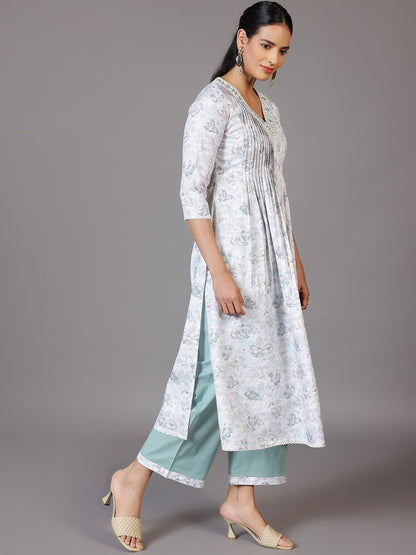 Floral Printed Pleated A-Line Kurta With Palazzos & Dupatta