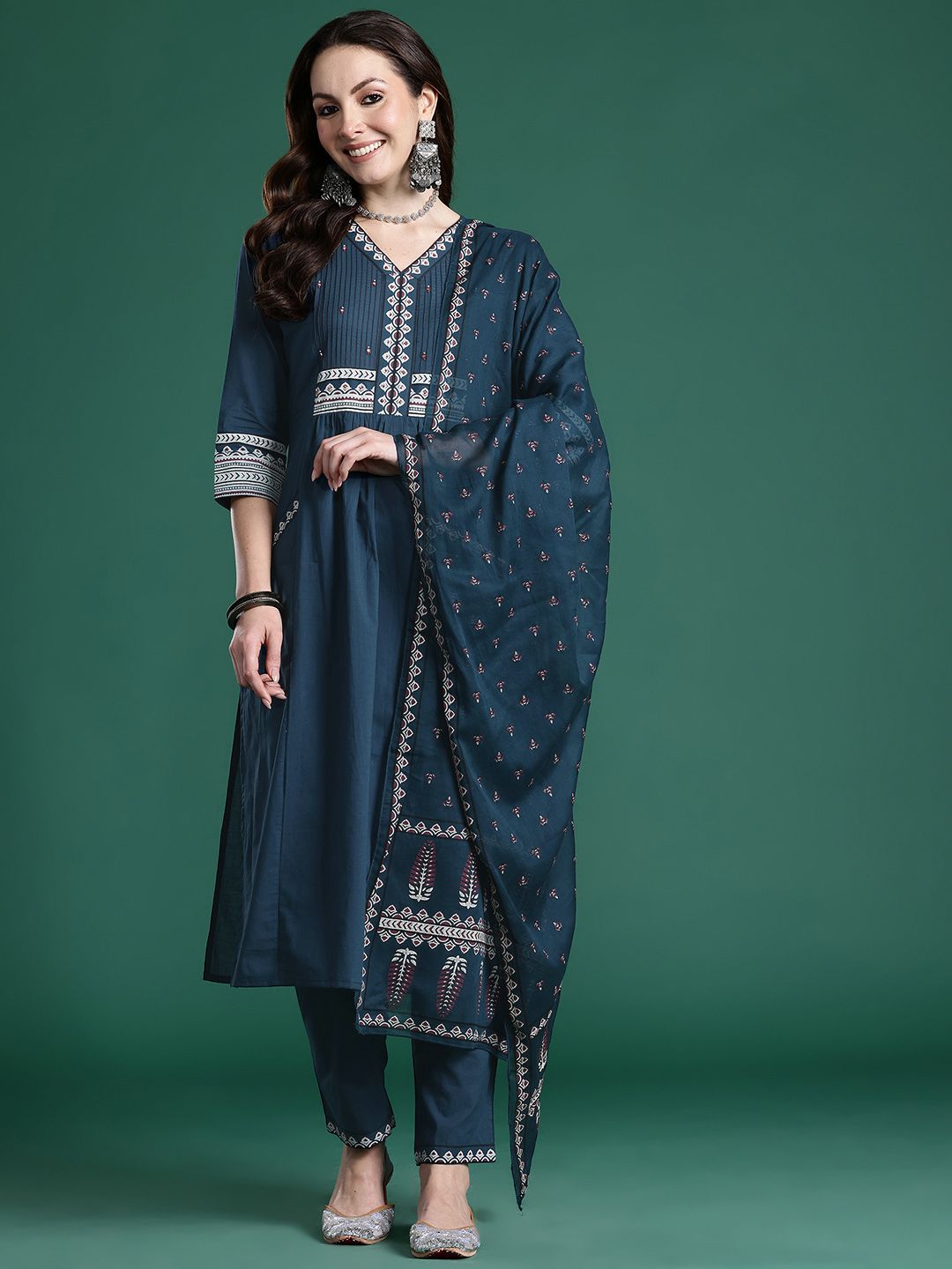 Dhiyona IE Ethnic Motifs Printed Sequinned Pure Cotton Kurta with Trousers & With Dupatta