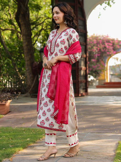 Dhiyona RR Women's Floral Printed Notch Neck Pure Cotton Kurta With Trousers & Dupatta