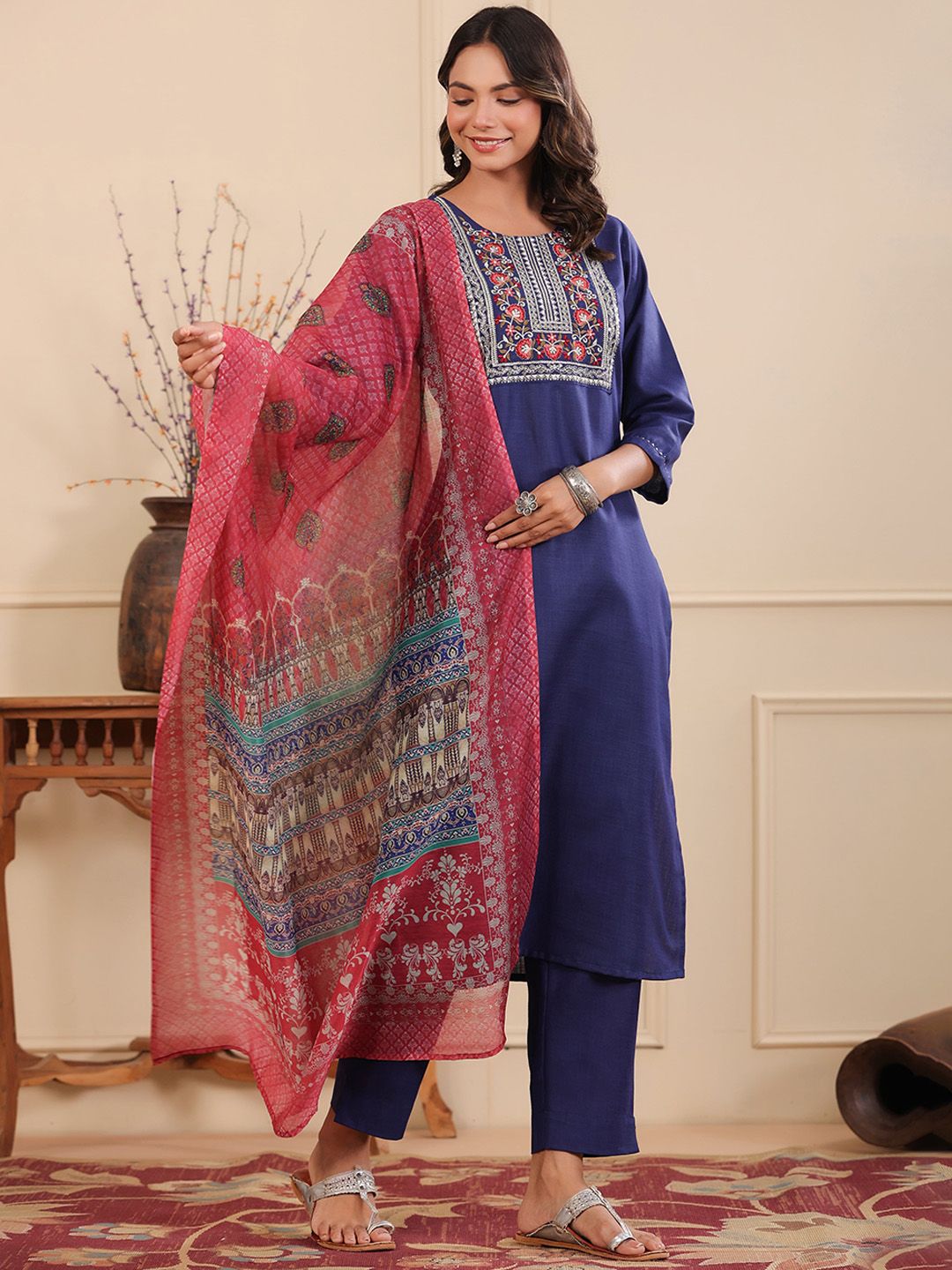 Dhiyona RR Women's Yoke Design Round Neck Thread Work Kurta Set With Dupatta