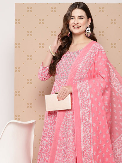 Dhiyona KL Pure Cotton Ethnic Motifs Printed Anarkali Kurta With Trousers & With Dupatta