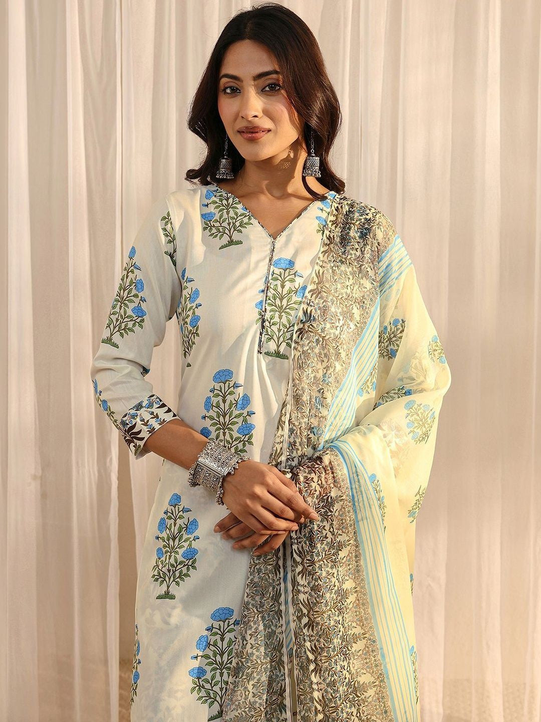 Off White Floral Printed Chanderi Silk Straight Suit Set with Dupatta
