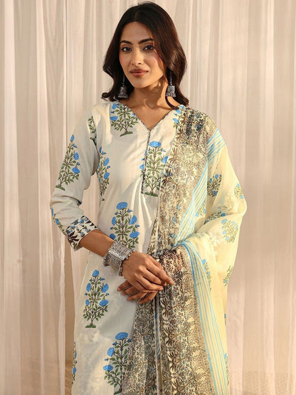 Off White Floral Printed Chanderi Silk Straight Suit Set with Dupatta