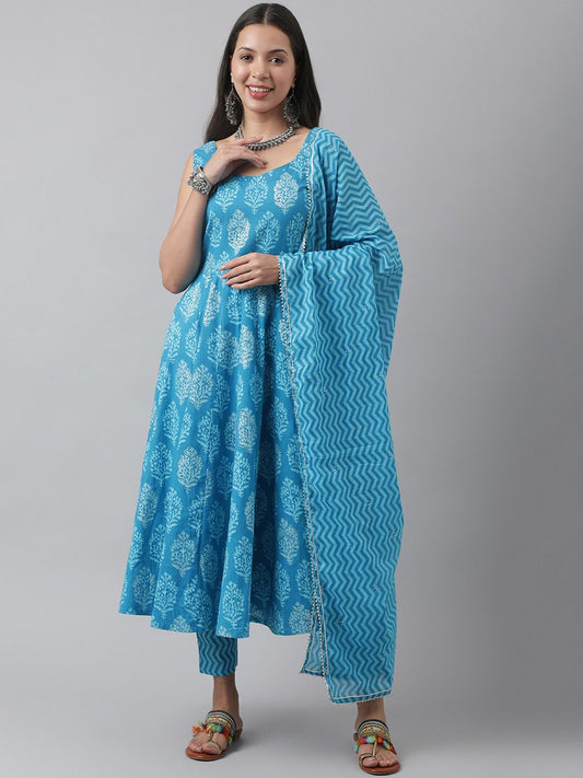Dhiyona KL Floral Printed Sequinned Sleeveless Pure Cotton Kurta With Trousers & Dupatta