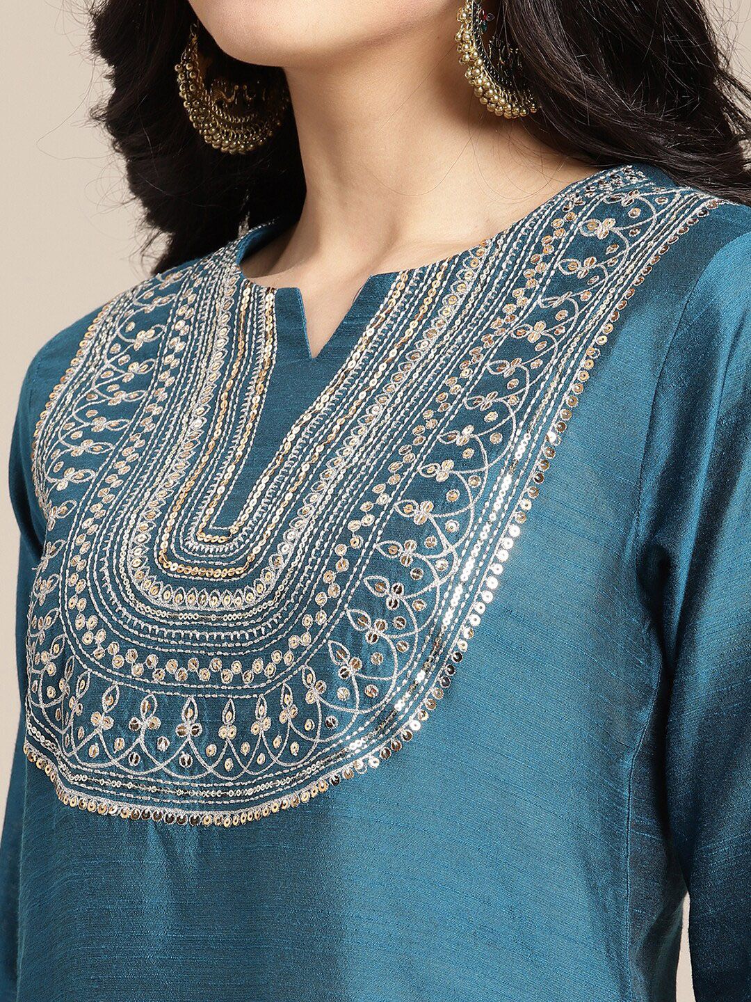Dhiyona VA Women's Teal & Red Embroidered Kurta & Palazzo With Dupatta