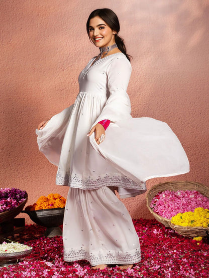 Dhiyona IS Women's Ethnic Motifs Embroidered A-Line Mirror Work Pure Cotton Kurta Set With Dupatta