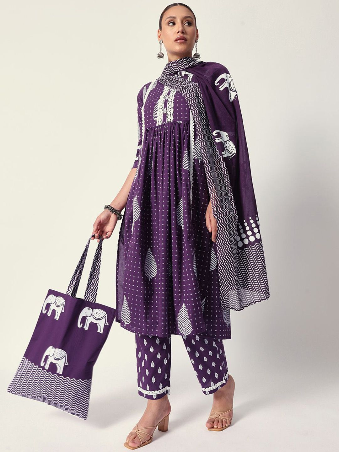 Dhiyona IS Women's Women Ethnic Motifs Printed Regular Pure Cotton Kurta with Trousers & With Dupatta