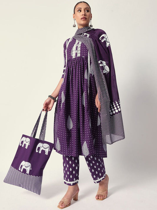 Dhiyona IS Women's Women Ethnic Motifs Printed Regular Pure Cotton Kurta with Trousers & With Dupatta