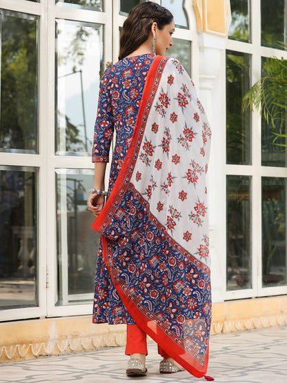 Dhiyona RR Women's Floral Printed Sequinned Pure Cotton Kurta with Trousers & Dupatta