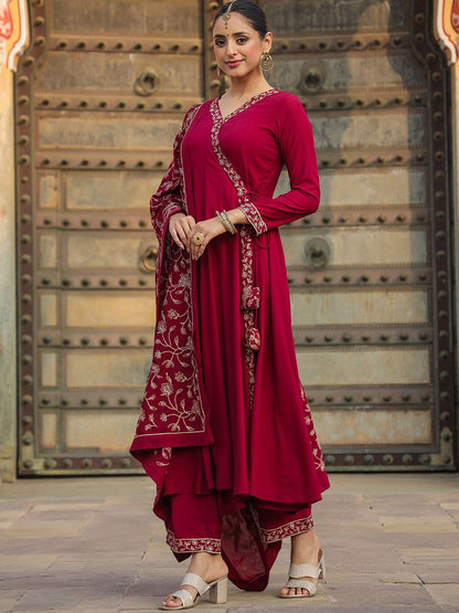 Dhiyona KL Anarkali Angrakha Thread Work Kurta with Palazzos & Dupatta