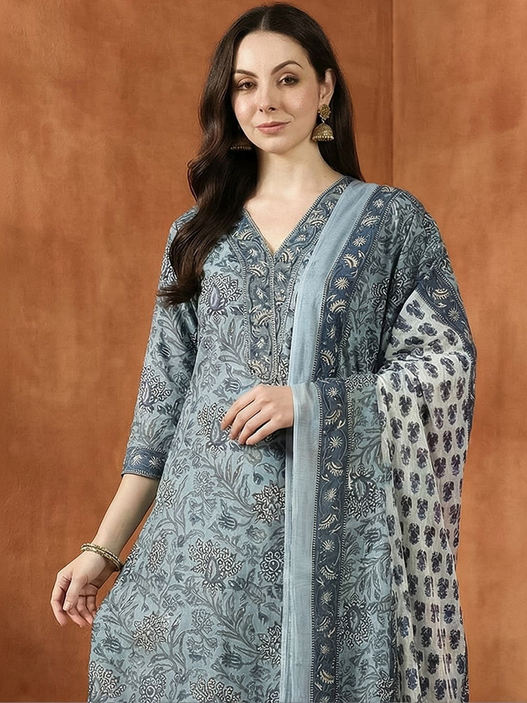Women Ethnic Motifs Printed Regular Thread Work Pure Cotton Kurta with Trousers & With Dupatta