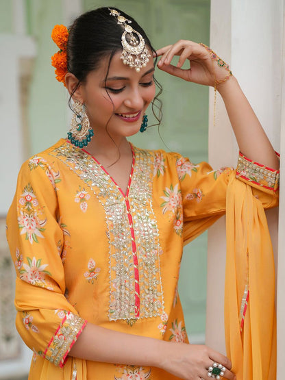 Dhiyona SC Women Mustard Chanderi Silk Floral Printed Sharara Set