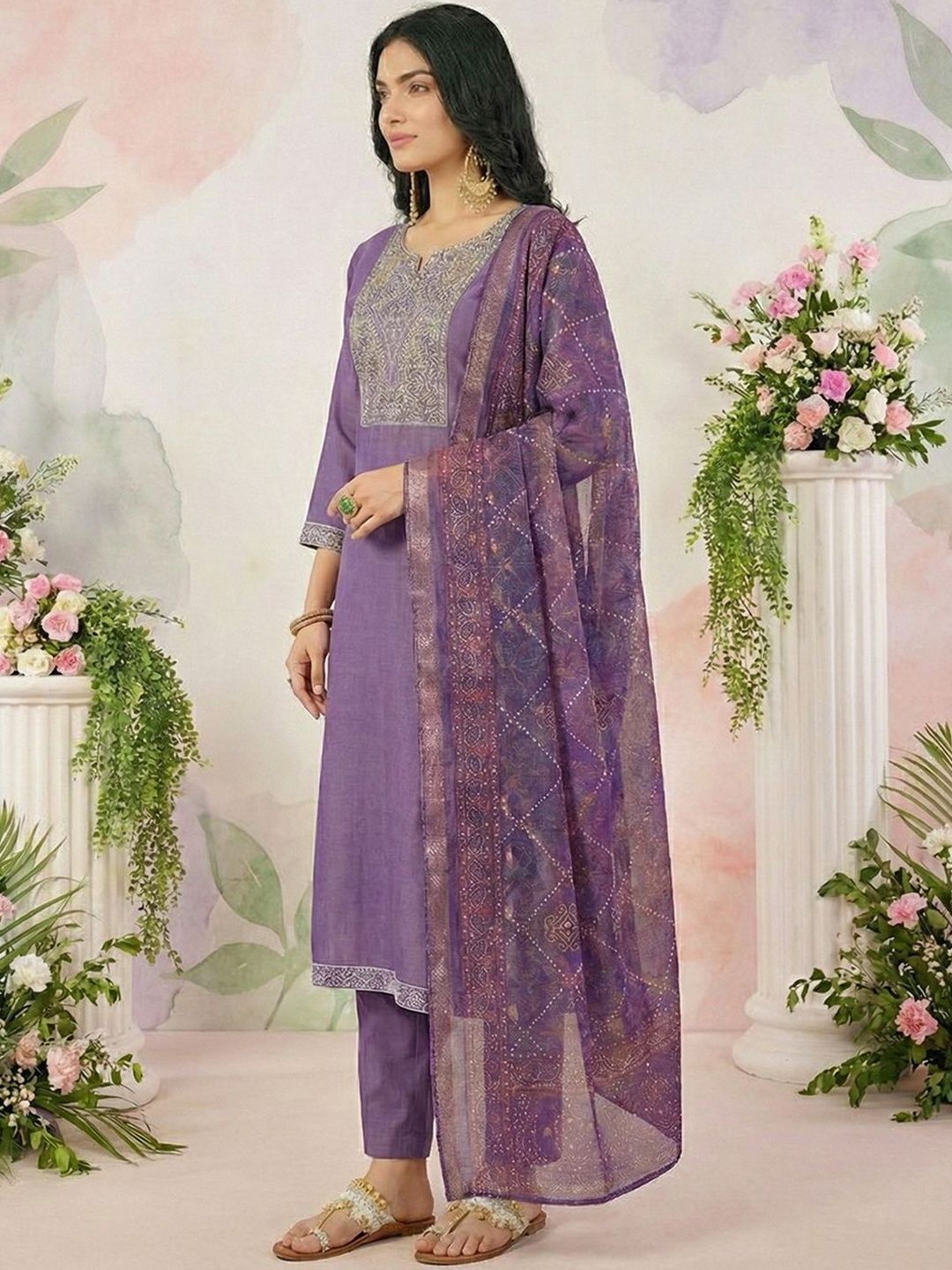 Dhiyona CH Women Ethnic Motifs Embroidered Regular Thread Work Kurta with Trousers & With Dupatta