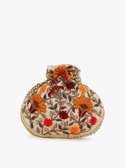 Dhiyona NR Girls Cream-Coloured & Red Floral Embroidered Tasselled Potli Clutch