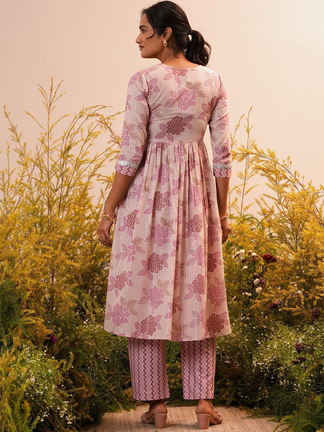 Floral Printed V-Neck Three-Quarter Sleeves Empire Mirror Work Pure Cotton Kurta set