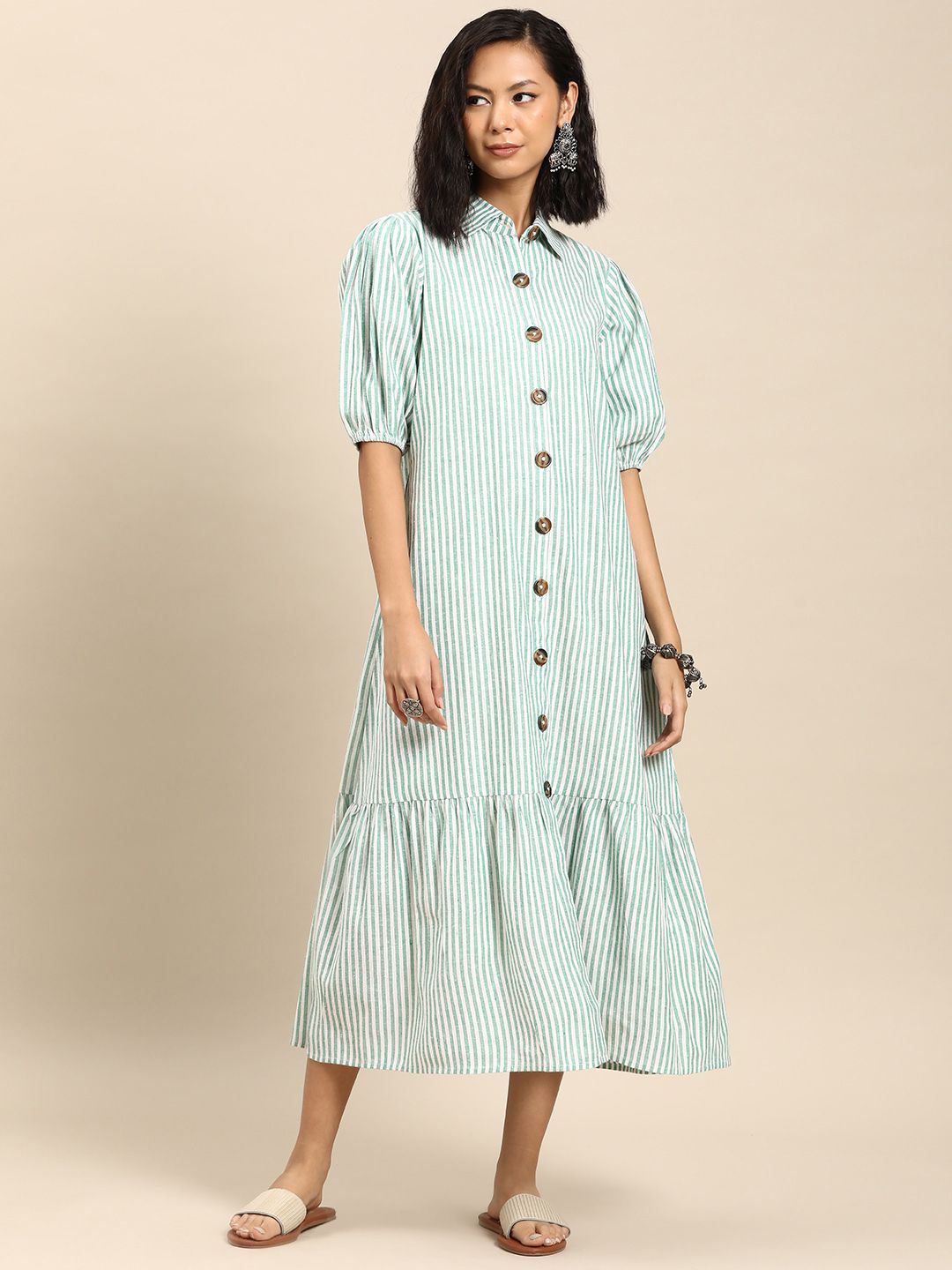 Dhiyona AY Women's Striped Puff Sleeve A-Line Cotton Midi Dress