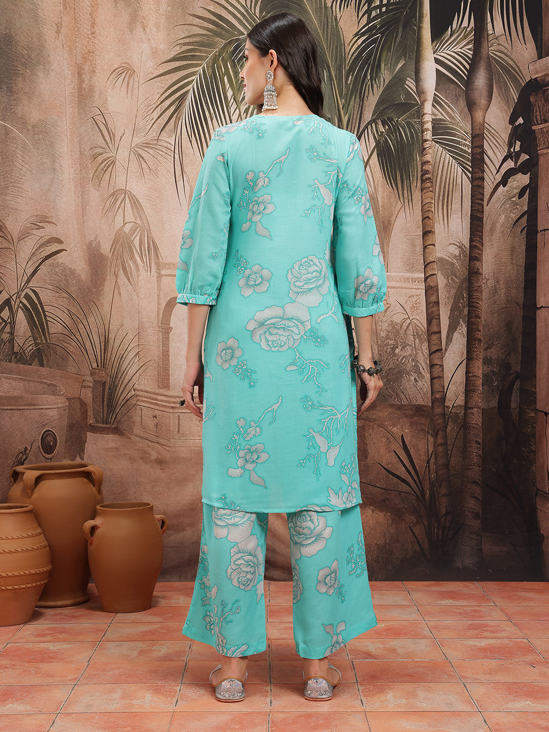 Floral Print Pleated Thread Work Kurta with Palazzos