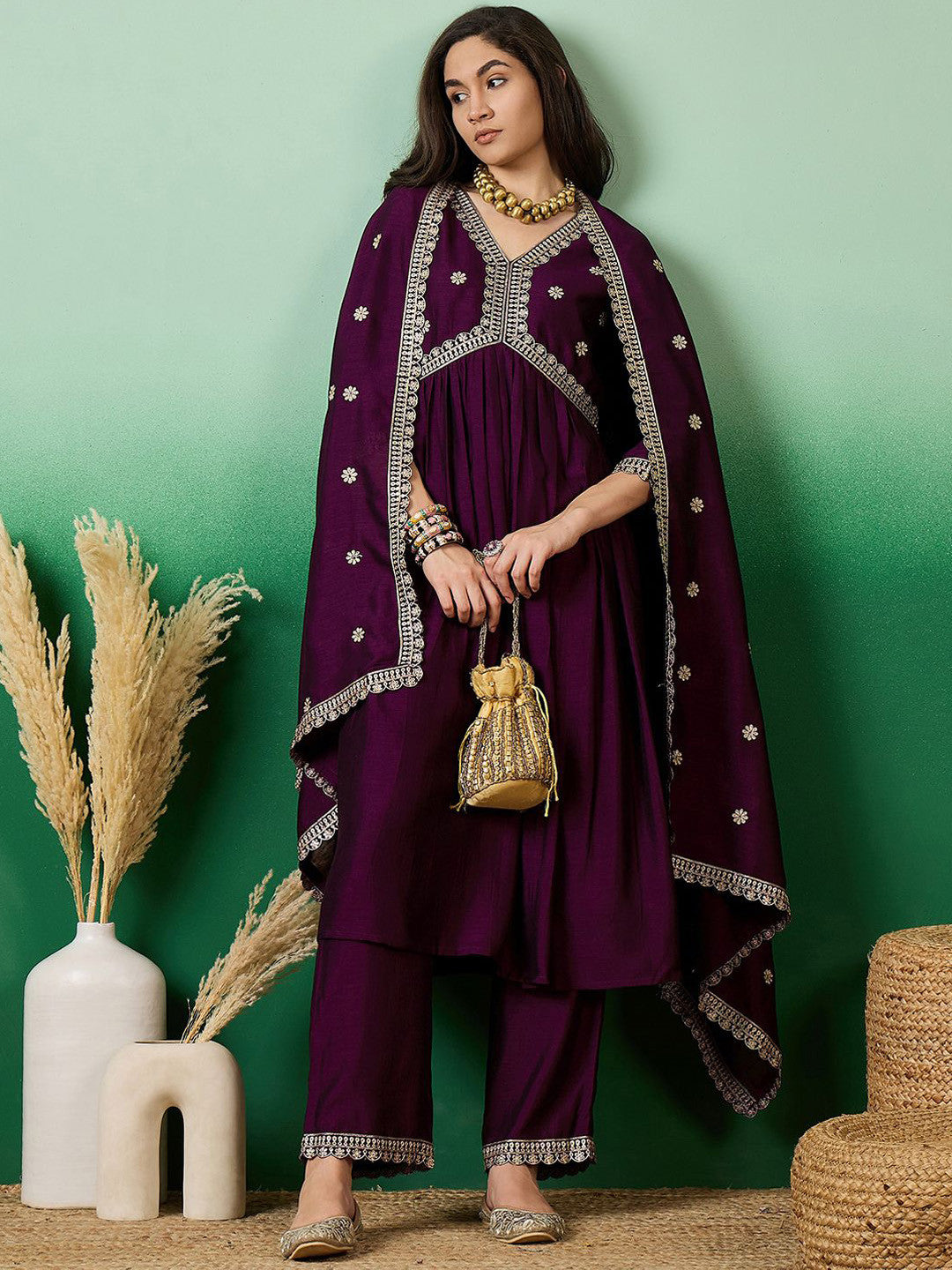 Dhiyona SN Purple Embroidered Empire Anarkali Kurta With Trousers & Dupatta