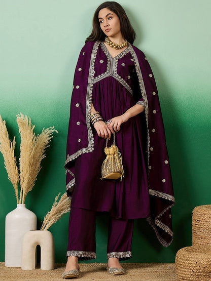 Purple Embroidered Empire Anarkali Kurta With Trousers & Dupatta
