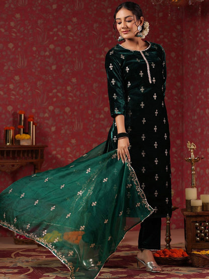 Dhiyona IS Women's Green Ethnic Motifs Embroidered Velvet Kurta With Trousers & Dupatta