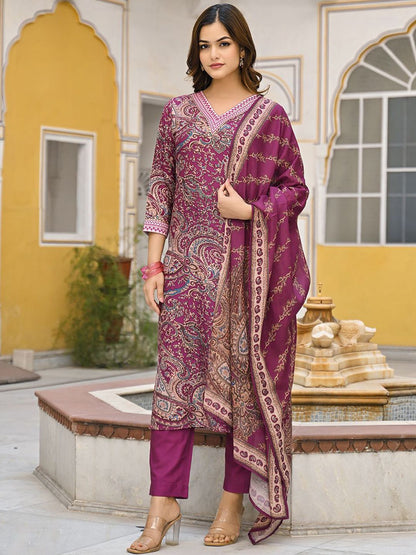 Dhiyona KL Women Paisley Printed V-Neck Straight Kurta with Trousers & With Dupatta