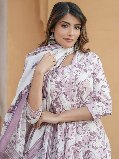 Dhiyona KL V-Neck Floral Printed Regular Thread Work Pure Cotton Kurta Set