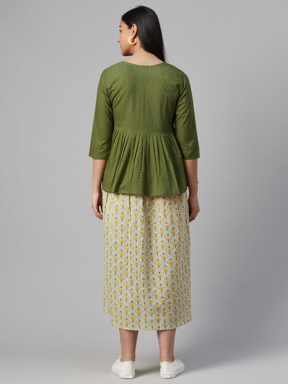 Dhiyona AY Women's Green & Yellow Printed A-Line Layered Maternity Dress