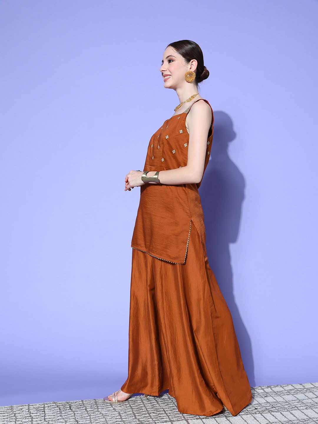 Dhiyona IN Women Rust Ethnic Motifs Embroidered Regular Kurta with Palazzos & With Dupatta