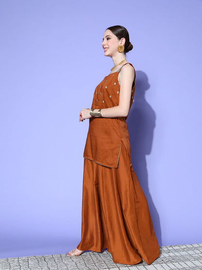 Dhiyona IN Women Rust Ethnic Motifs Embroidered Regular Kurta with Palazzos & With Dupatta