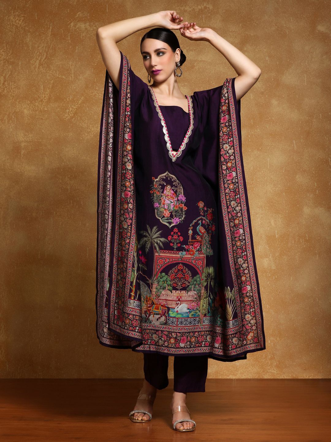 Purple Ethnic Motifs Printed Sequinned Square Neck Kaftan Kurta With Trousers