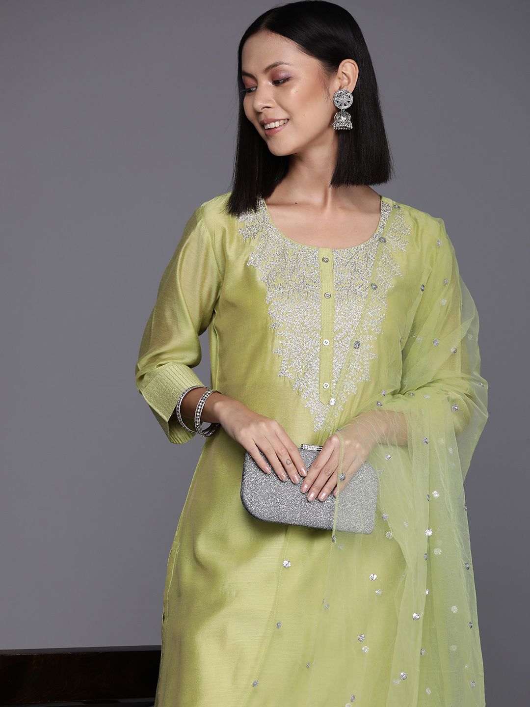 Green Floral Embroidered Regular Chanderi Silk Kurta with Trousers & Dupatta
