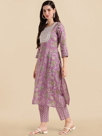 Dhiyona KL Purple Floral Printed Thread Work Pure Cotton Kurta with Trousers & Dupatta