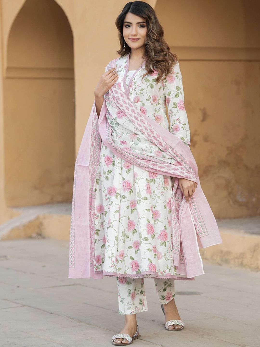 Dhiyona KL V Neck Floral Printed Cotton Anarkali Kurta with Trouser & Dupatta