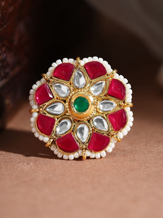 Dhiyona RJ Women's Women 22K Gold-Plated Kundan-Studded & Pearls Beaded Adjustable Finger Ring
