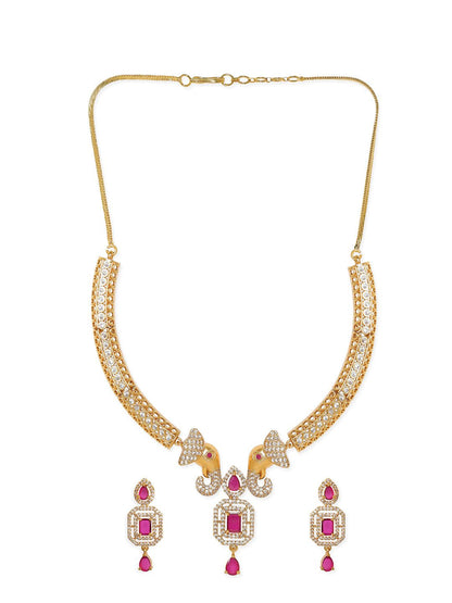 Dhiyona RJ Women's Premium 22K Gold Plated Ruby Pink & CZ Studded Elephant Design Choker Jewellery Set