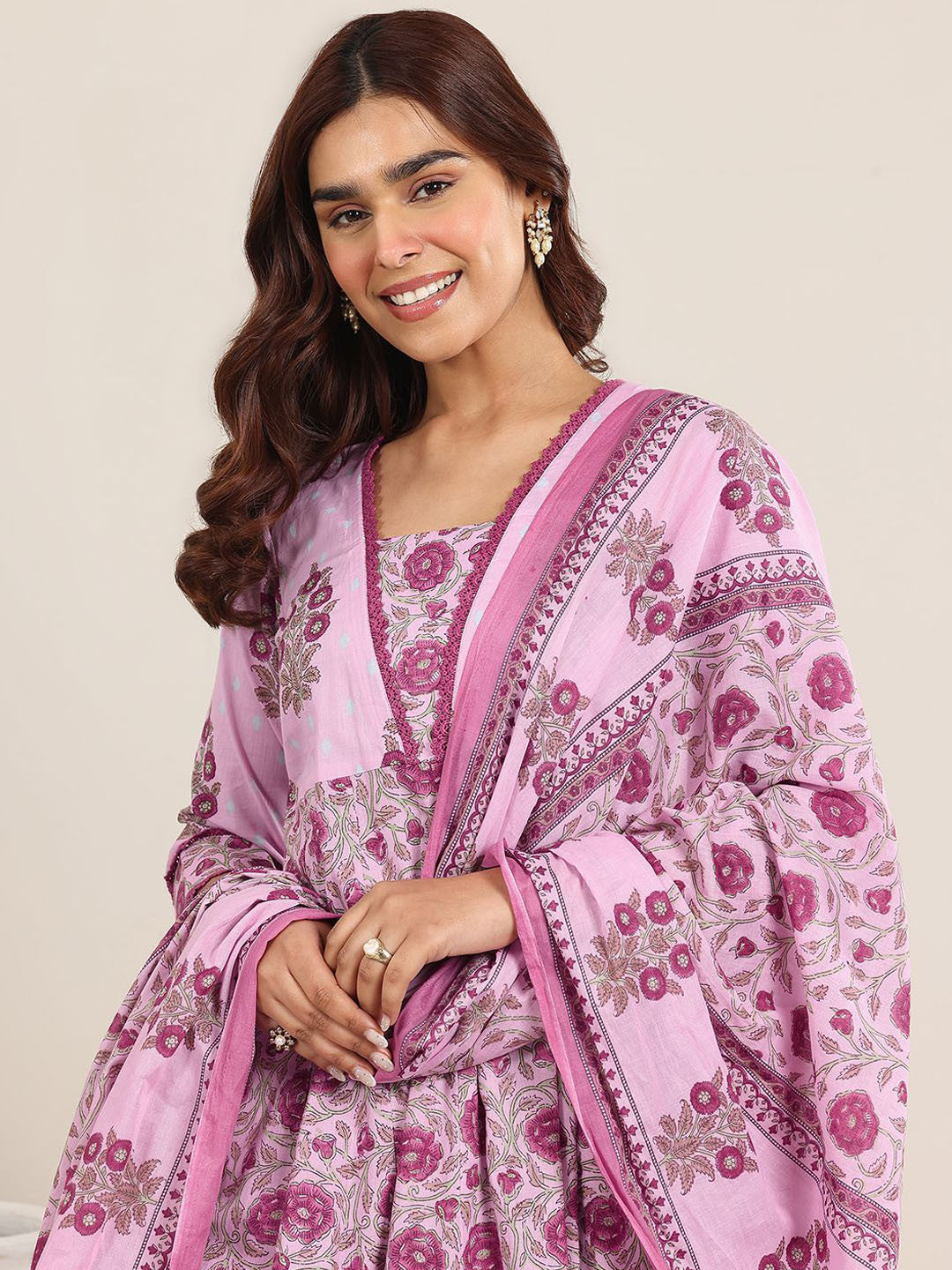 Floral Printed Thread Work Anarkali Kurta With Trousers & Dupatta