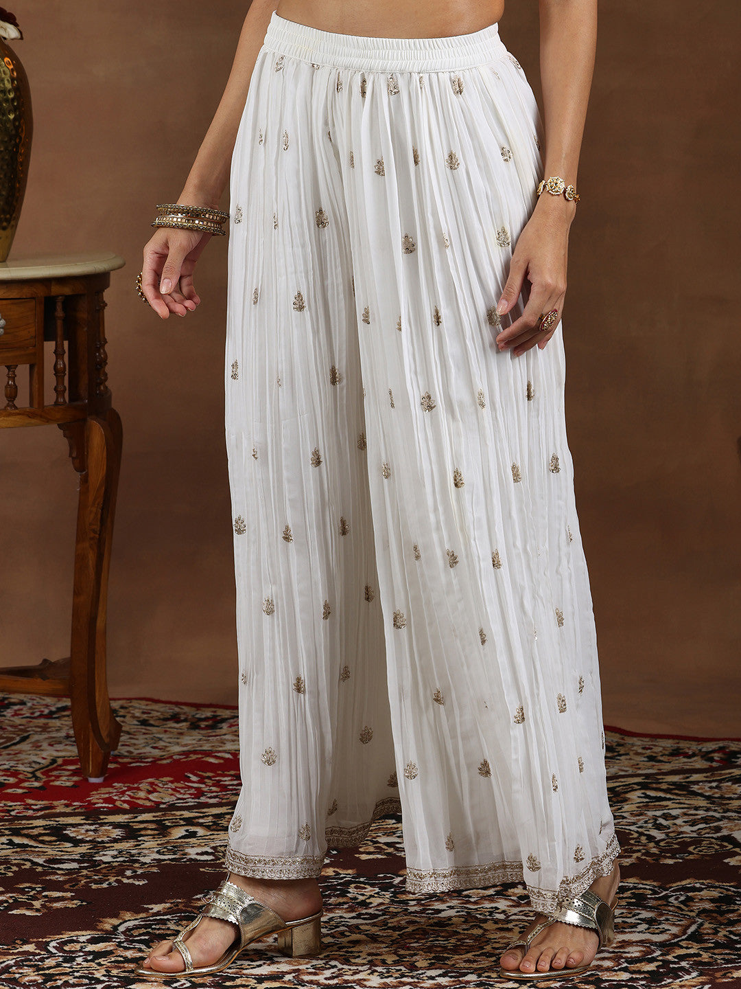 Floral Embroidered Sequinned Georgette Straight Kurti With Palazzos & Dupatta