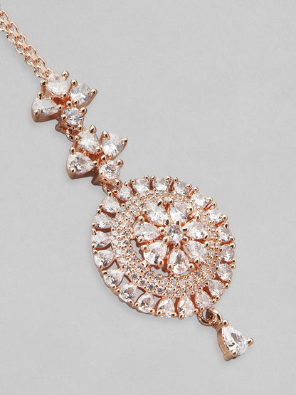 Dhiyona RJ Women's Rose Gold-Plated White AD-Studded Round Shaped Maangtikka