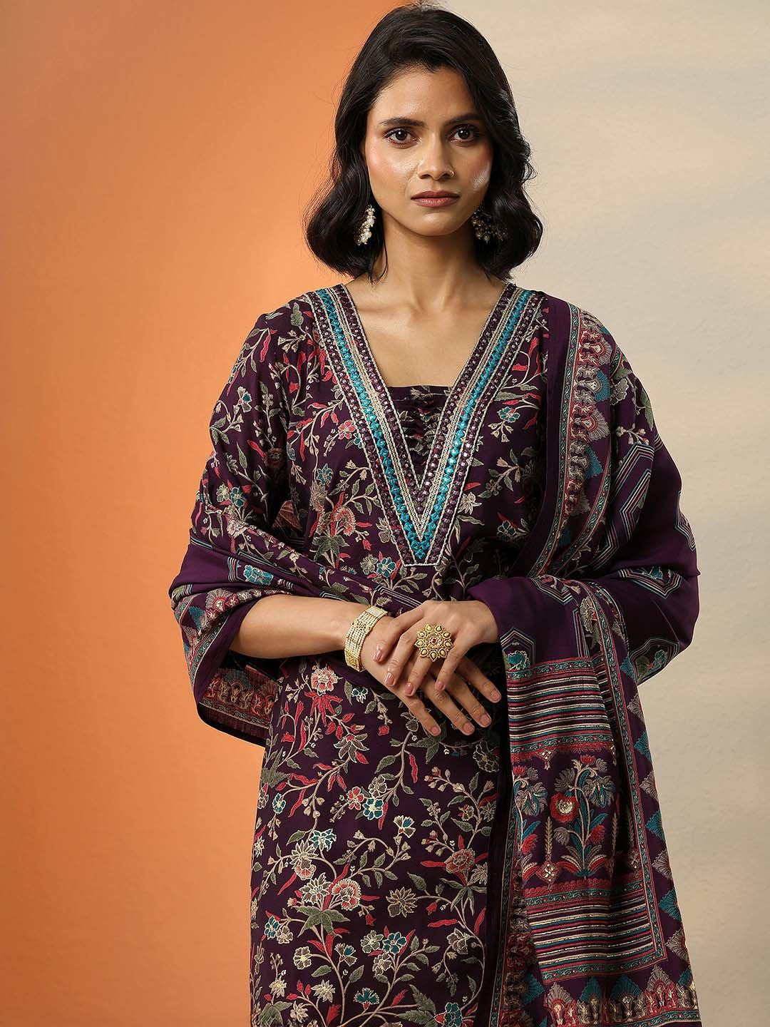 Women Floral Printed Regular Mirror Work Kurta with Salwar & With Dupatta