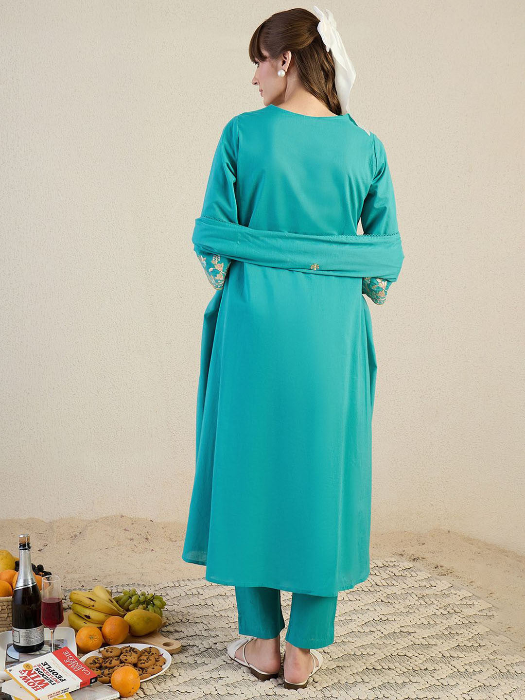 Women Embroidered Beads & Stones Pure Cotton Kurta with Trousers & Dupatta