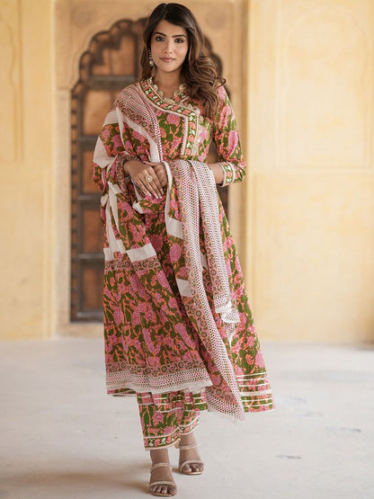 Dhiyona KL Floral Embroidered Gotta Patti Angrakha Pure Cotton Kurta with Trousers & Dupatta