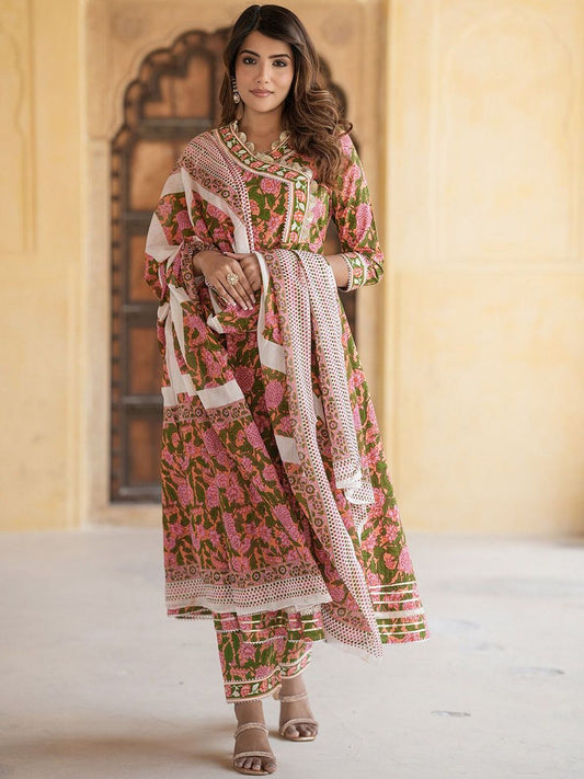 Dhiyona KL Floral Embroidered Gotta Patti Angrakha Pure Cotton Kurta with Trousers & Dupatta