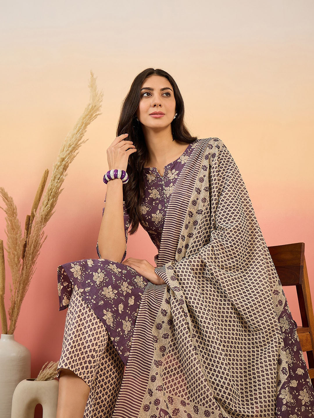 Women Floral Printed Regular Pure Cotton Kurta with Trousers & With Dupatta