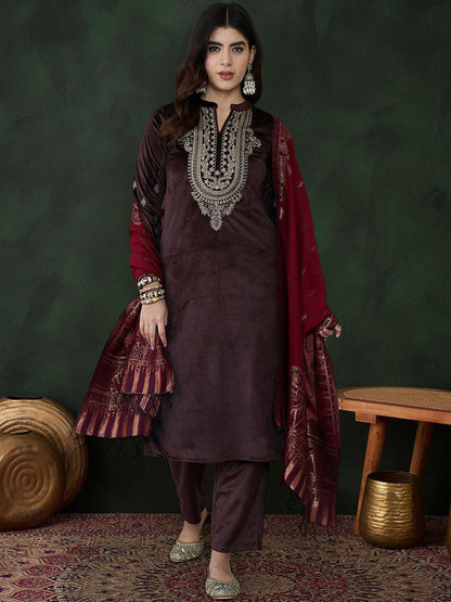 Coffee Brown Floral Embroidered Velvet Kurta With Trouser With Dupatta