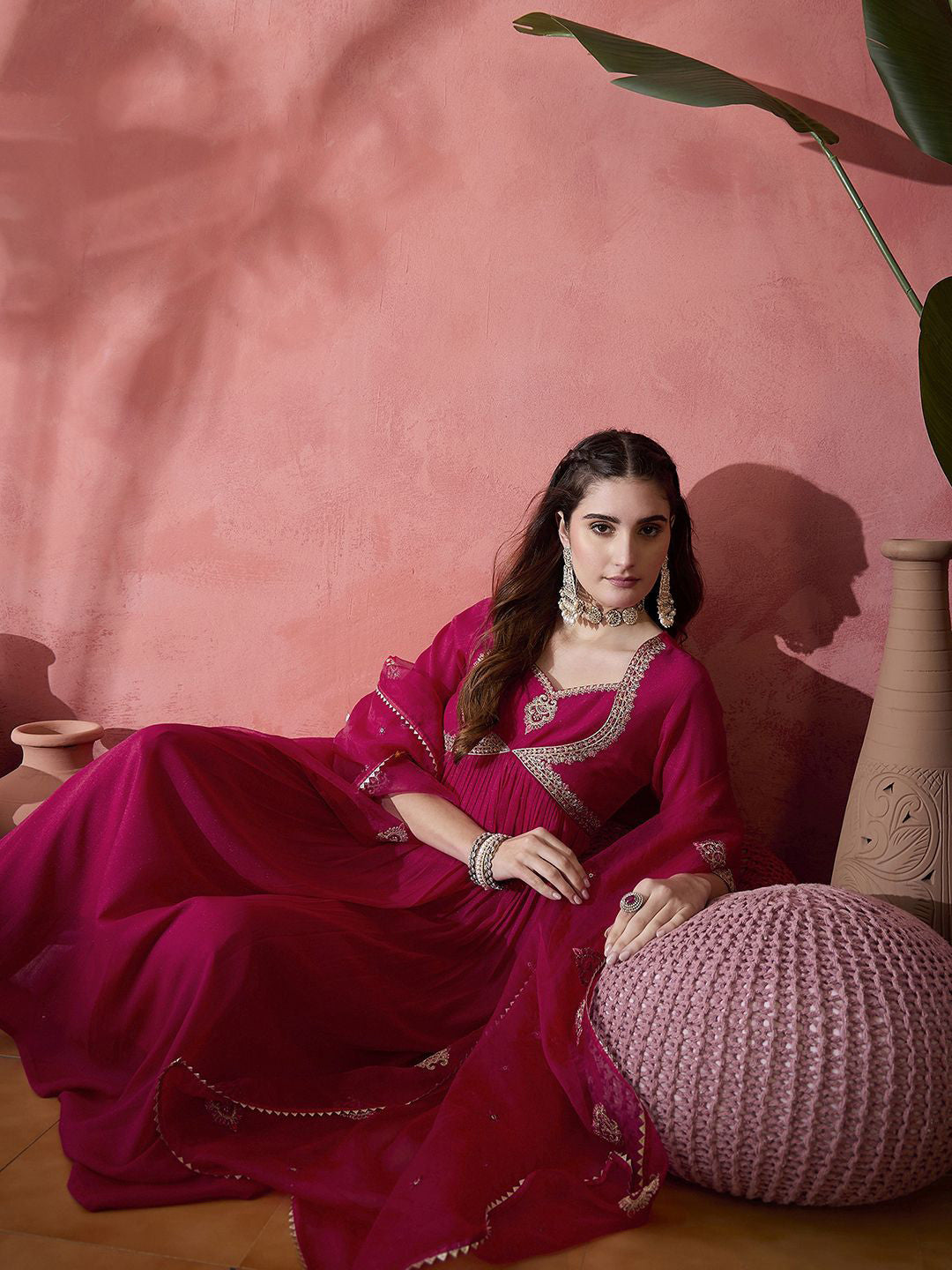 Maroon And Gold Pleated Zari rounnd Neck A-Line Kurta With Trousers And Dupatta